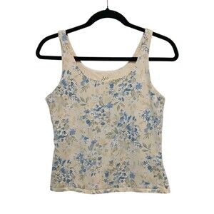 J.Jill Women's Yellow/Blue Floral Knit Shelf-Bra Scoop Neck Tank Top Medium